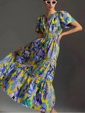 Anthropologie Yellow and Purple Floral Maxi Dress